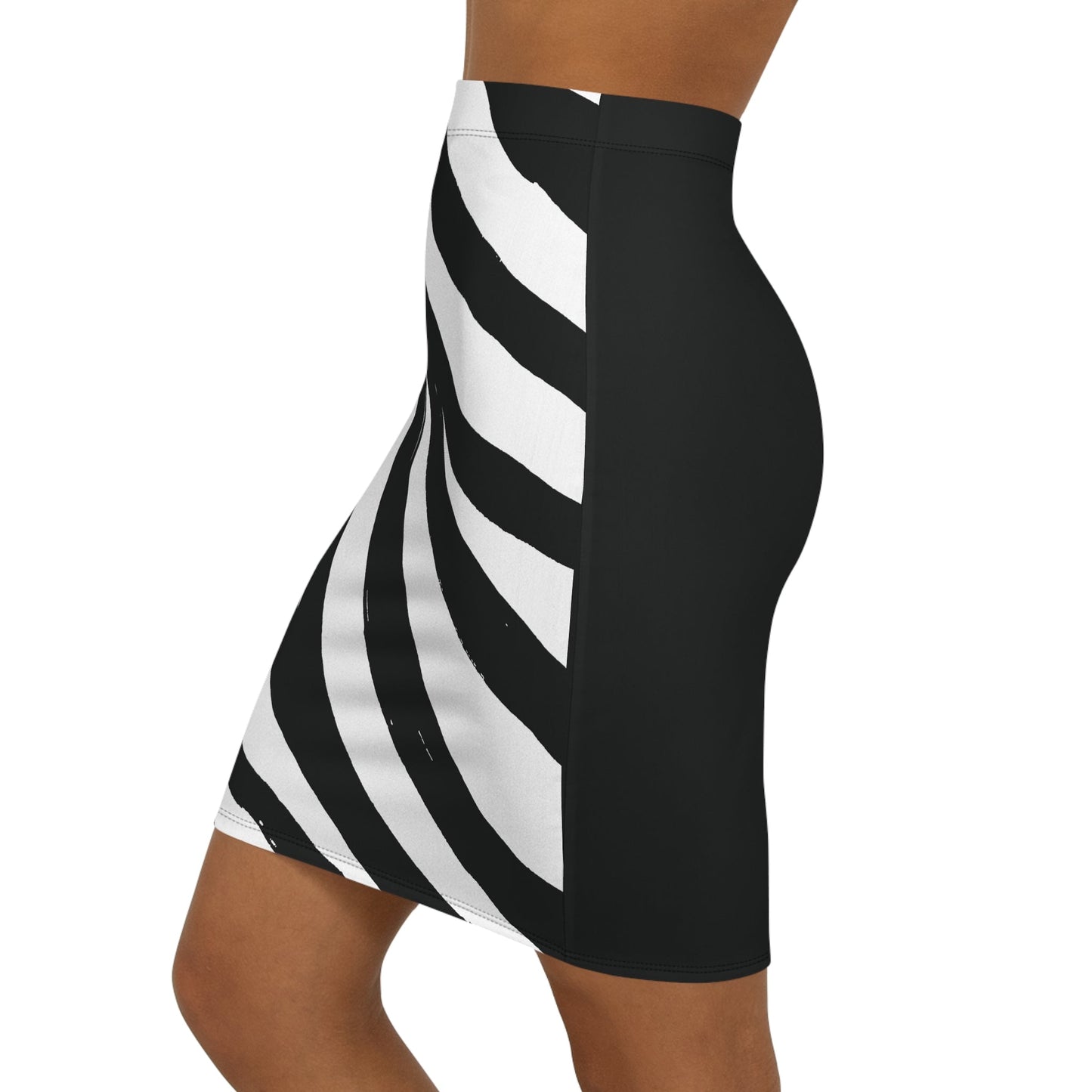 Monochrome pencil skirt with vibrant all-over print, slim mid-waist fit.