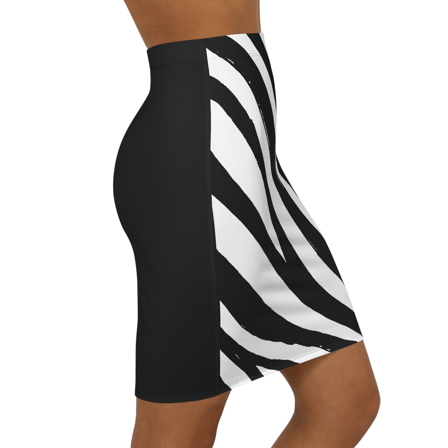 Monochrome pencil skirt with vibrant all-over print and slim fit.