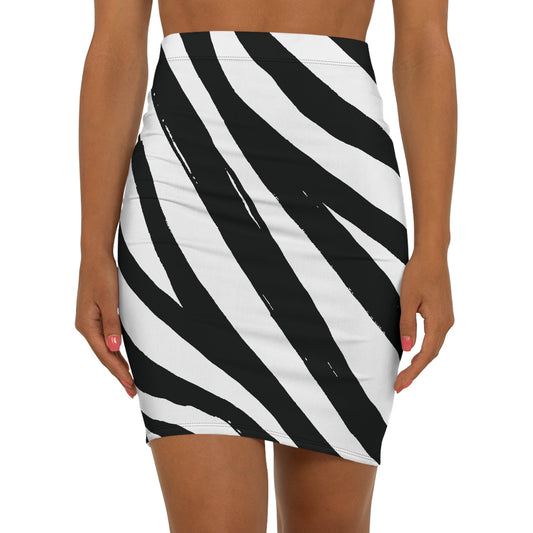 Monochrome pencil skirt with zebra print, mid-waist slimming fit, elastic waistband.